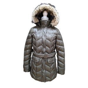 Land's End Knee Length Parka Quilted Puffer Faux Fur Hood Belted L 14-16 Olive